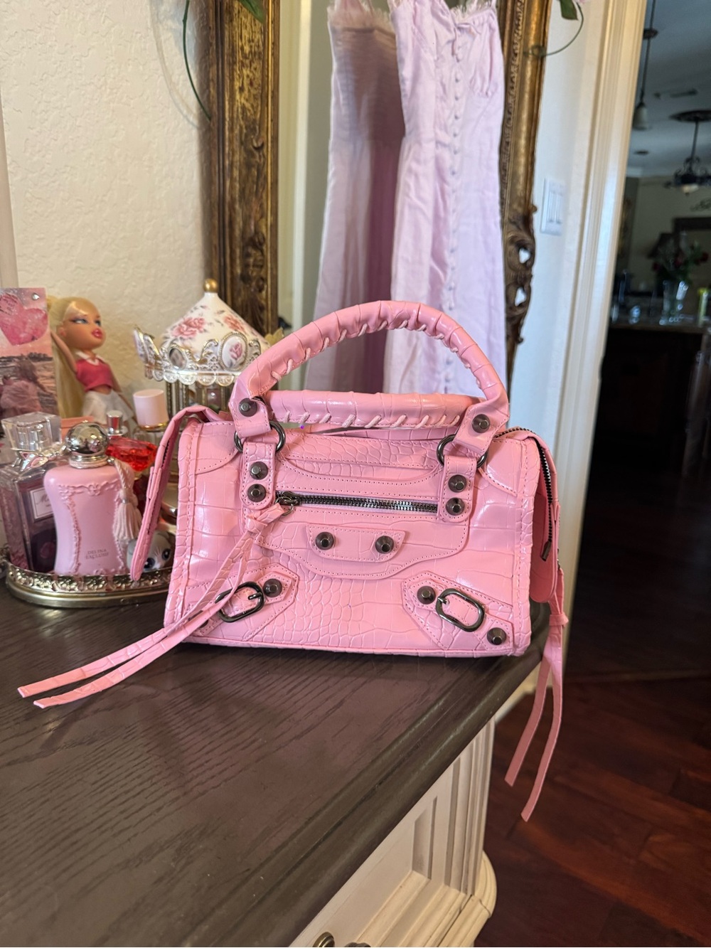 Pink Women's Croc-Embossed Top-Handle Bag Balenciaga Citi bag lookalike